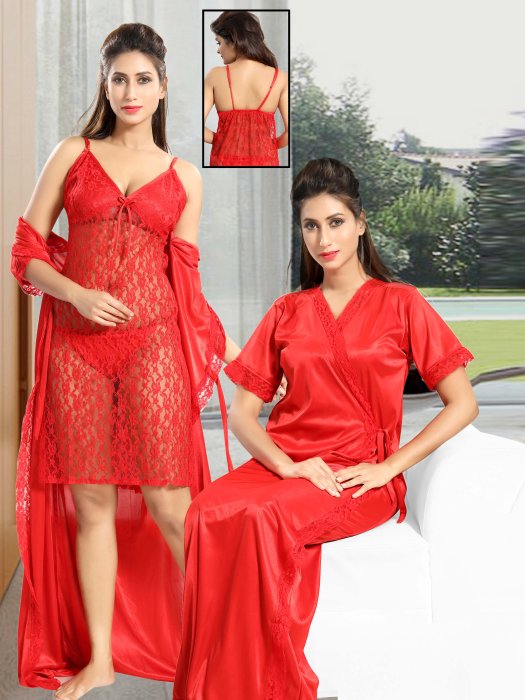 2pic bridal net slip with robe red color 2 pic fancy bridal robe set