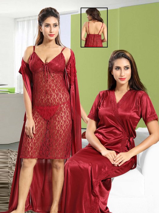 2pic bridal net slip with robe maroon color bridal night wear