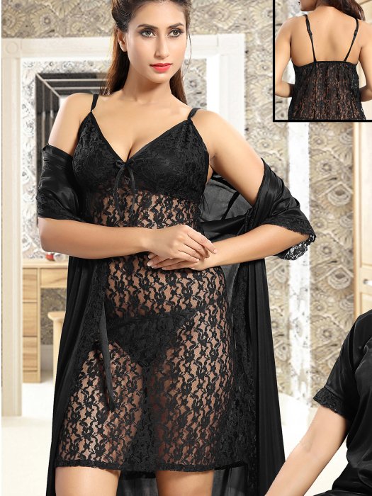 2pic bridal net slip with robe black color 2 pic fancy bridal robe set