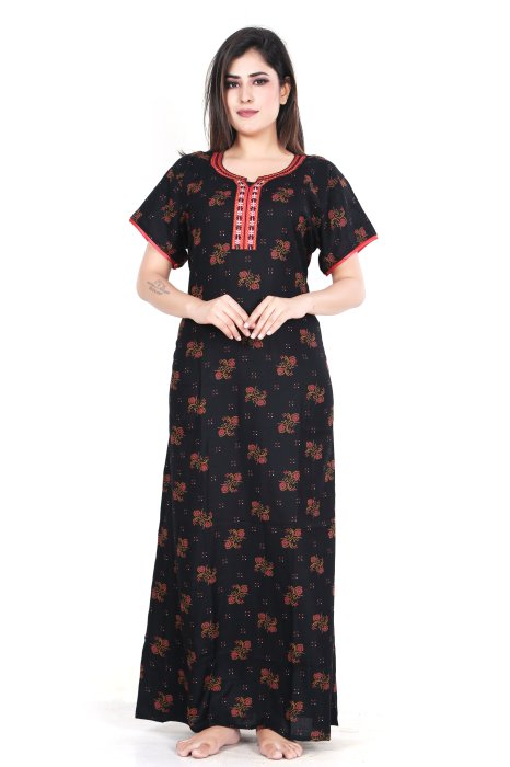 black alpine cotton night gown dote and flower design  alpine cotton night gown