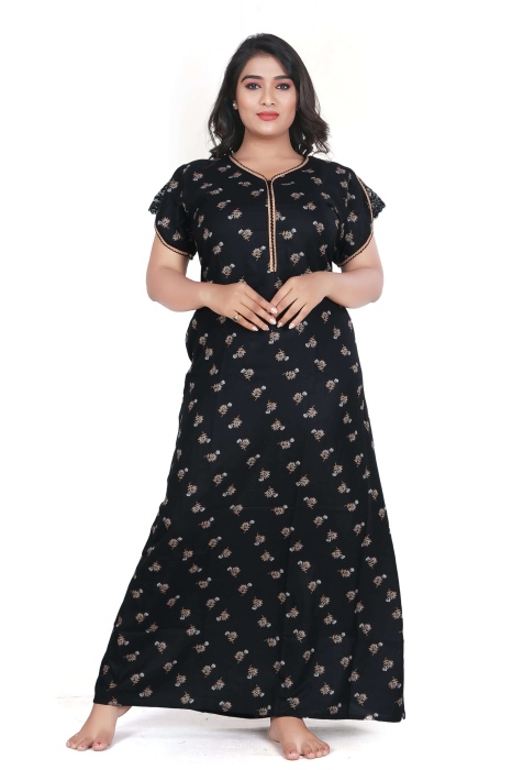 black alpine cotton night gown with zip and mini flowre design  alpine cotton night gown