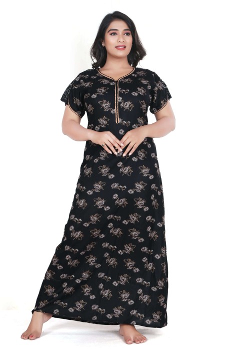 black alpine cotton night gown with zip and flower design  alpine cotton night gown