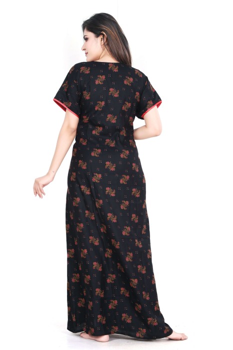 black alpine cotton night gown dote and flower design  alpine cotton night gown