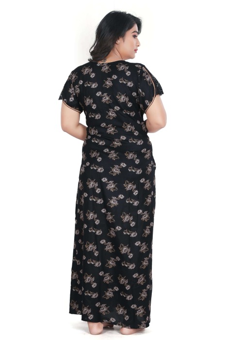 black alpine cotton night gown with zip and flower design  alpine cotton night gown