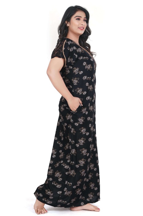 black alpine cotton night gown with zip and flower design  alpine cotton night gown