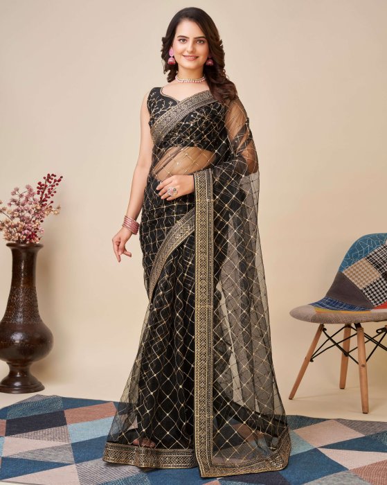 Black Net fabric Embroidery work Sarees