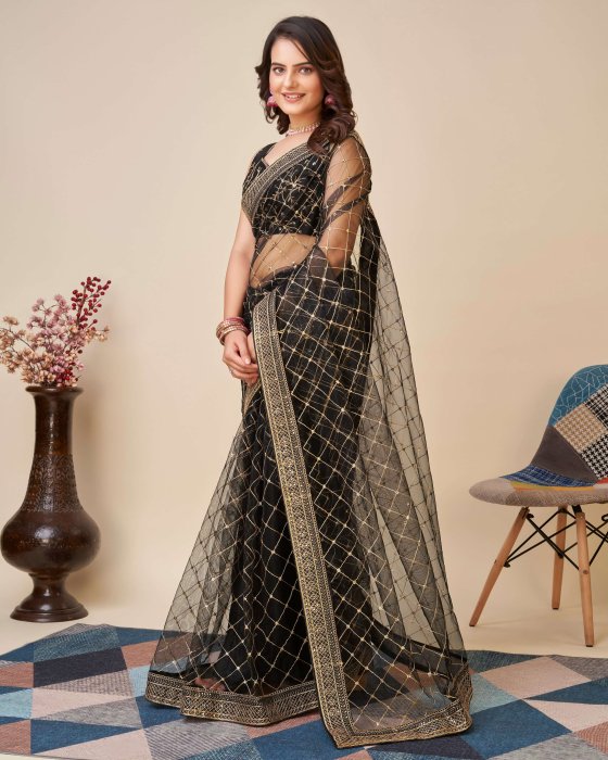 Black Net fabric Embroidery work Sarees Net Sarees