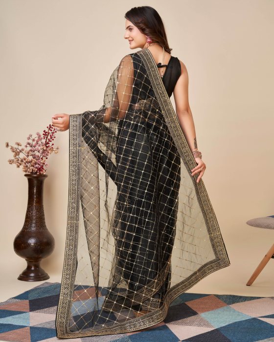 Black Net fabric Embroidery work Sarees Net Sarees