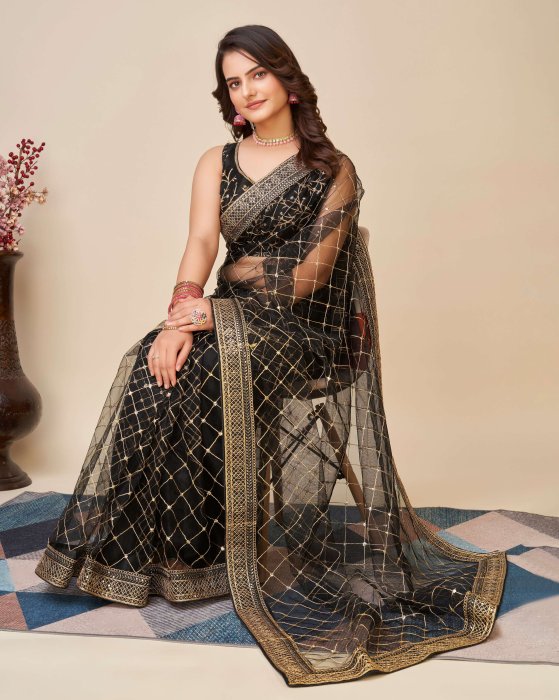 Black Net fabric Embroidery work Sarees Net Sarees