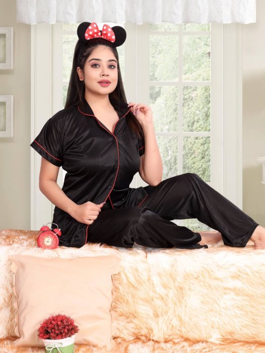black satin plan with piping night suit