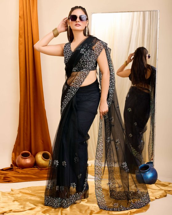 Black Sequance Embroidery design Work Sarees Net Sarees