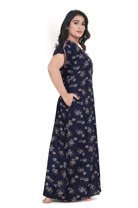 blue alpine cotton night gown with zip and flower design  alpine cotton night gown