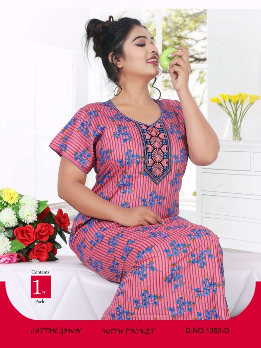 blue cotton linig design with flower printed night gown