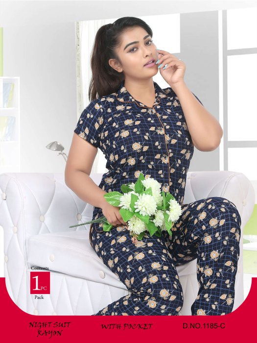 blue rayon chex with flower  design night suit women night suit