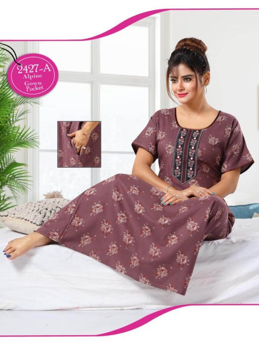 brown alpine cotton embroidery with printed design night gown  women nighty