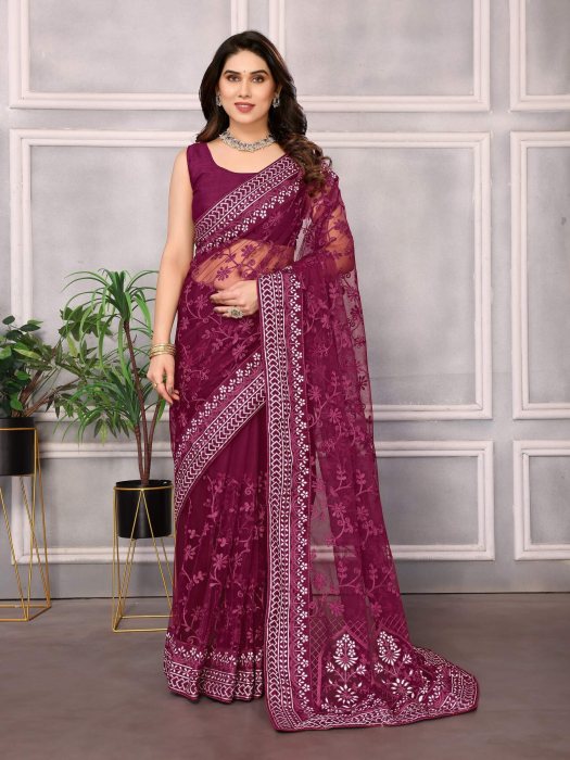 Chikankari  Embroidery design Saree Maroon Net Sarees