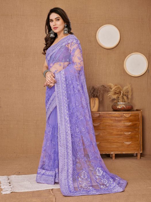 Chikankari  Embroidery design Saree Purple Net Sarees