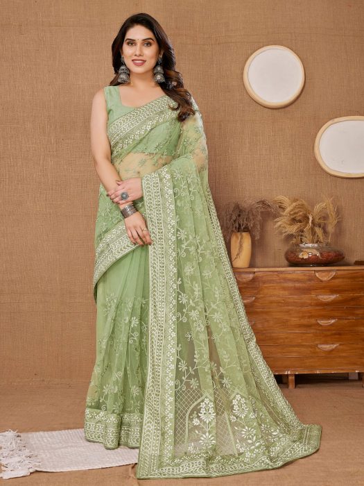 Chikankari  Embroidery design Saree Green Net Sarees