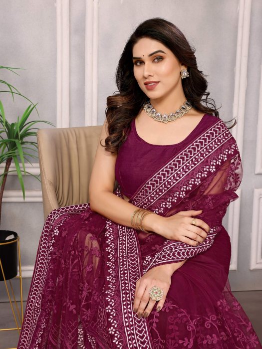 Chikankari  Embroidery design Saree Maroon Net Sarees