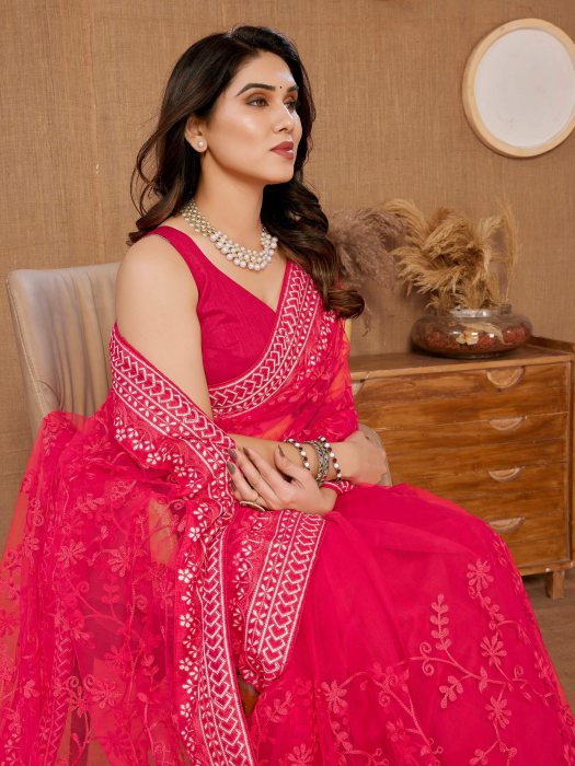 Chikankari  Embroidery design Saree Red Net Sarees