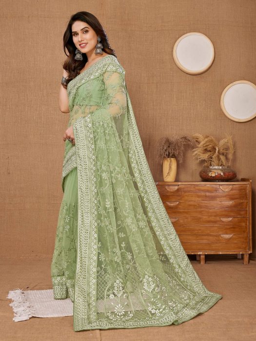 Chikankari  Embroidery design Saree Green Net Sarees