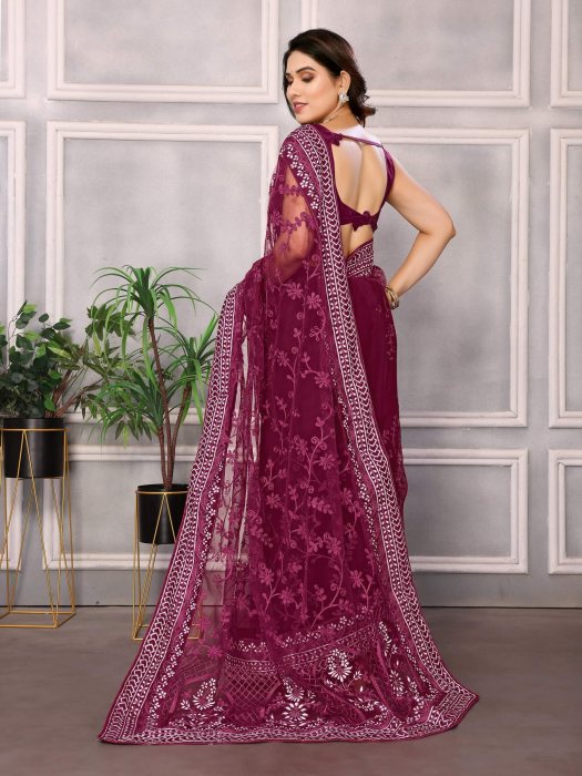 Chikankari  Embroidery design Saree Maroon Net Sarees