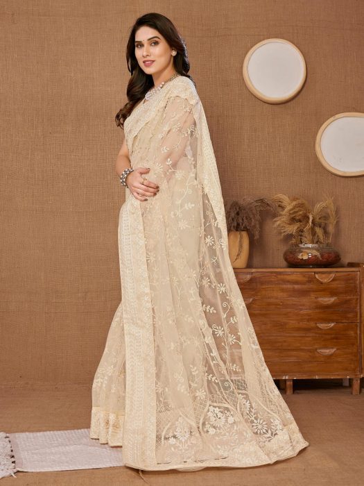 Chikankari  Embroidery design Saree cream Net Sarees