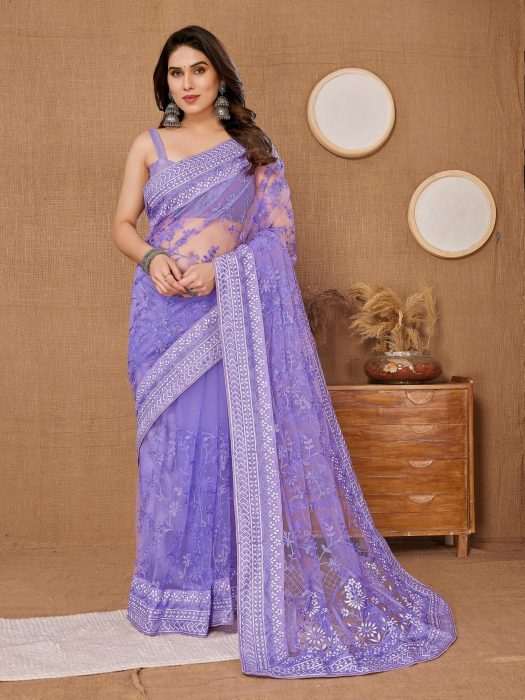 Chikankari  Embroidery design Saree Purple Net Sarees