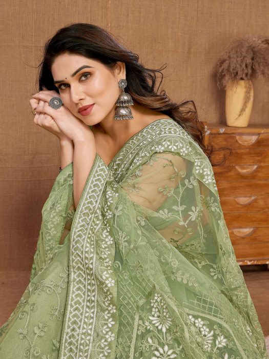 Chikankari  Embroidery design Saree Green Net Sarees