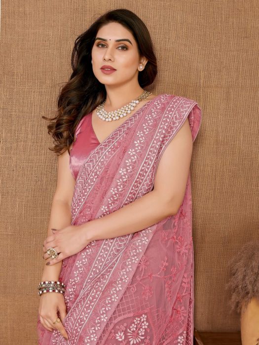 Chikankari  Embroidery design Saree Pink Net Sarees