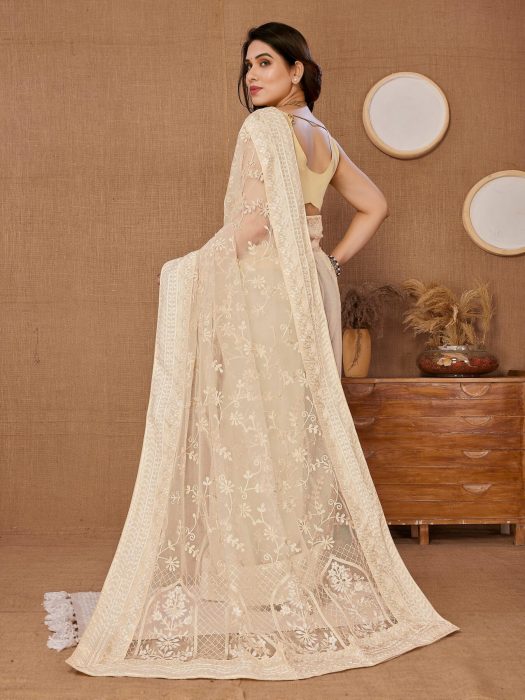 Chikankari  Embroidery design Saree cream Net Sarees