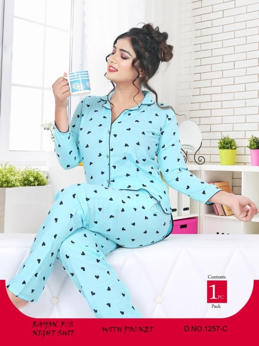 cotton heart design lskyblue night suit