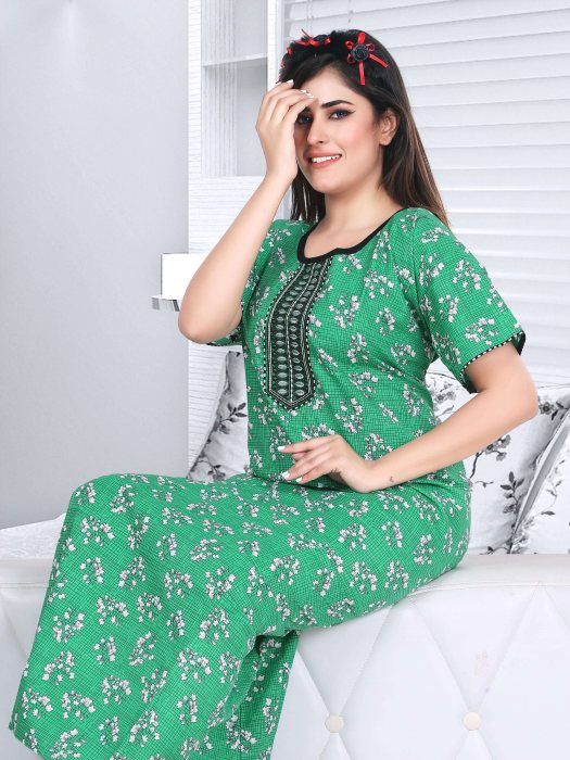 cotton night gown green color mini flower design  cotton night gown