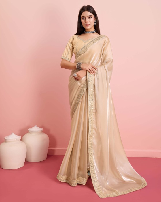 Party Wear Soft Premium Zimmy Chu  silk Saree Cream Net Sarees