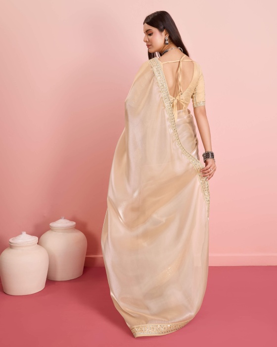 Party Wear Soft Premium Zimmy Chu  silk Saree Cream Net Sarees