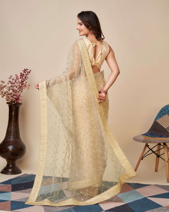 Cream Net fabric Embroidery work Sarees Net Sarees