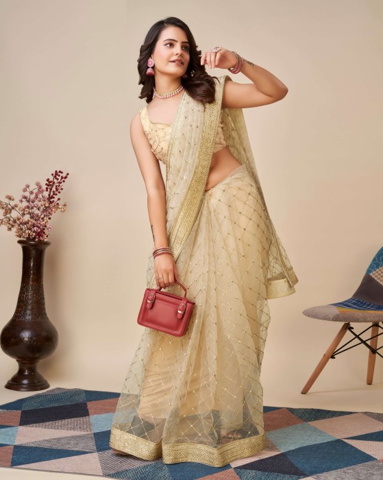 Cream Net fabric Embroidery work Sarees Net Sarees