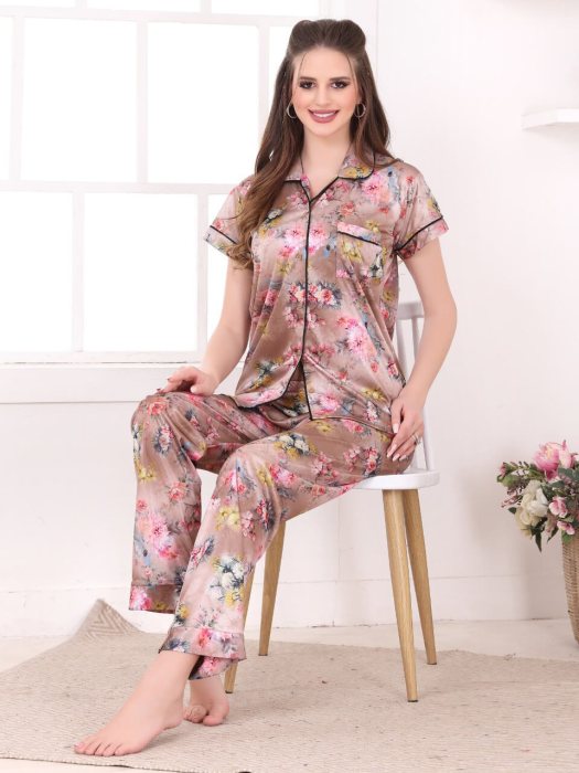 cream satin digitale printed night suit women night suit