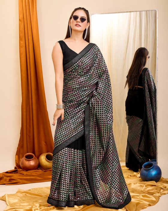 Georgette fabric with C pallu All Over Sequence Work Black Saree