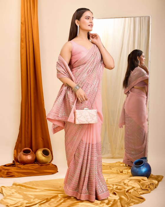 Georgette fabric with C pallu All Over Sequence Work Peach Saree Net Sarees
