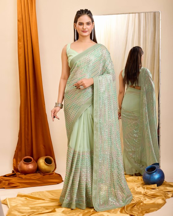 Georgette fabric with C pallu All Over Sequence Work Pista Saree