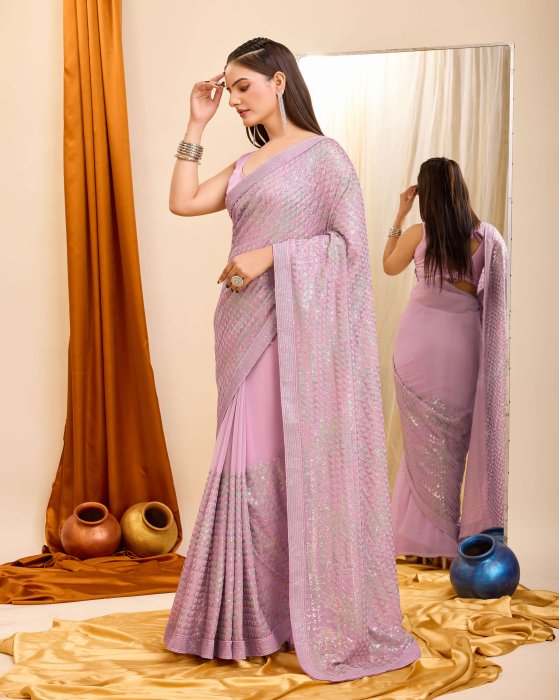 Georgette fabric with C pallu All Over Sequence Work Purple Saree Net Sarees