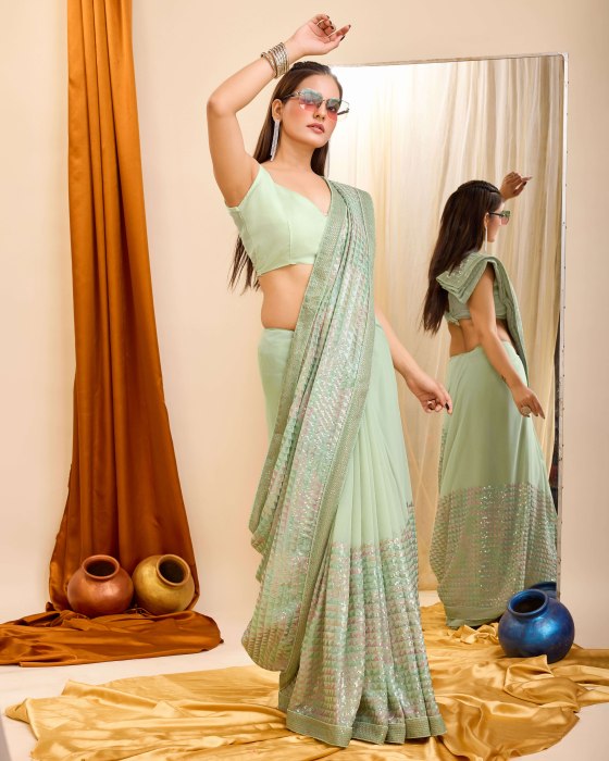 Georgette fabric with C pallu All Over Sequence Work Pista Saree Net Sarees