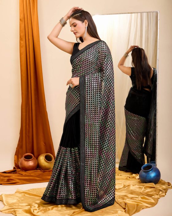 Georgette fabric with C pallu All Over Sequence Work Black Saree Net Sarees