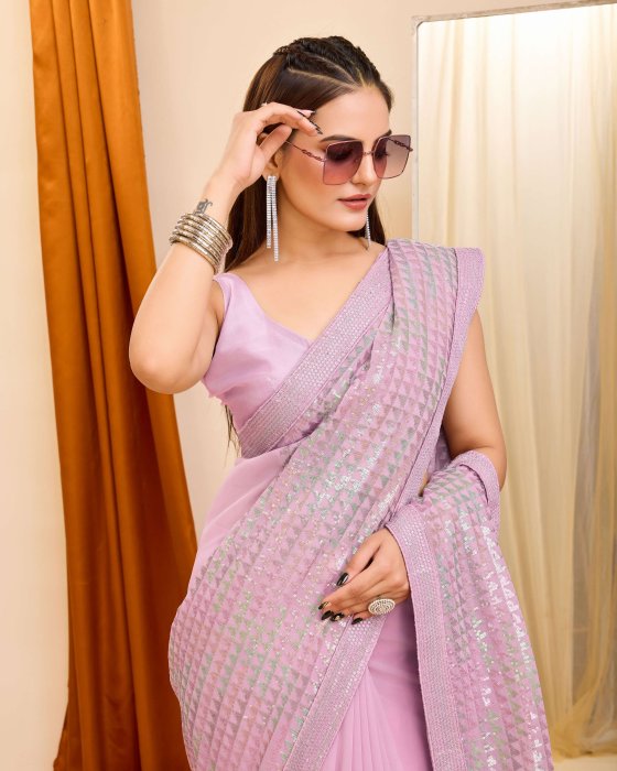 Georgette fabric with C pallu All Over Sequence Work Purple Saree Net Sarees