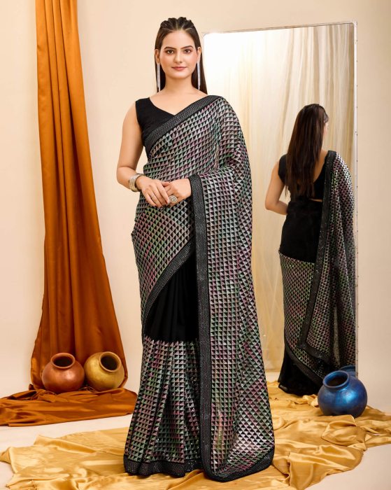 Georgette fabric with C pallu All Over Sequence Work Black Saree Net Sarees