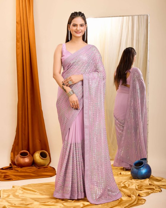 Georgette fabric with C pallu All Over Sequence Work Purple Saree Net Sarees