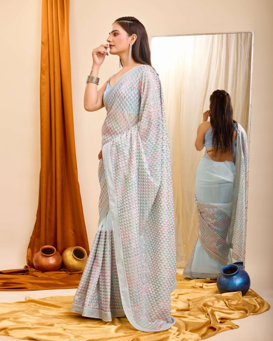 Georgette fabric with C pallu All Over Sequence Work Sky Blue Saree Net Sarees