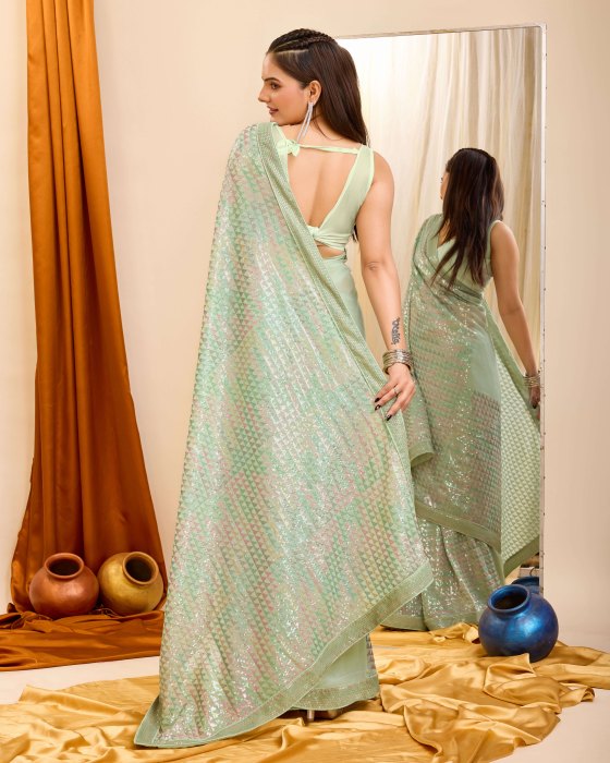 Georgette fabric with C pallu All Over Sequence Work Pista Saree Net Sarees