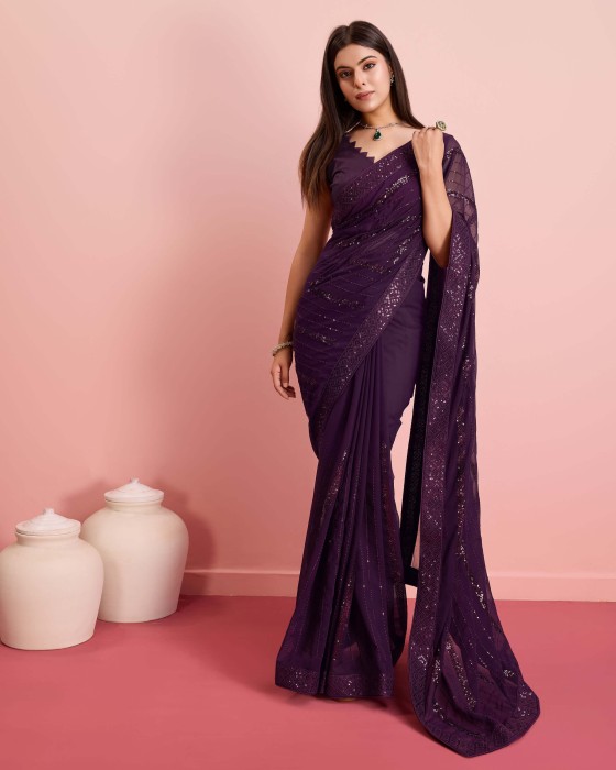 Georgette fabric with Embroidered sequins work Purple Saree